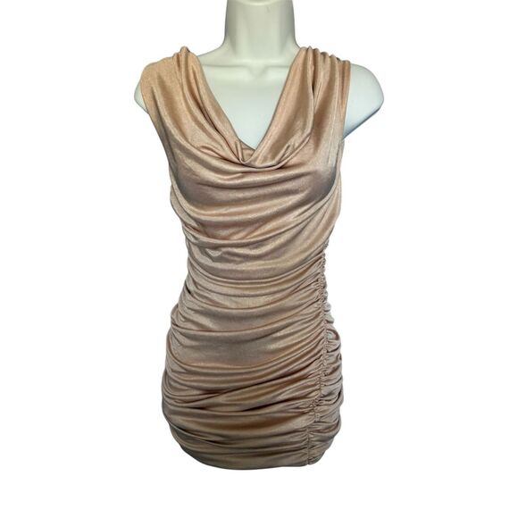 Express Dresses & Skirts - Express Bodycon Ruched Champagne Dress Cowl Neck Women’s Size Petite S